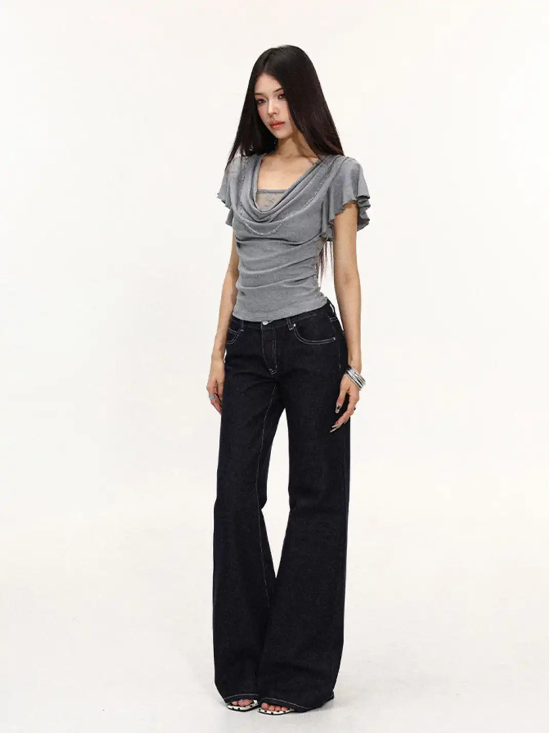 BIGGOLD | Draped Neck Lace Spliced Fake Two-Piece T-Shirt