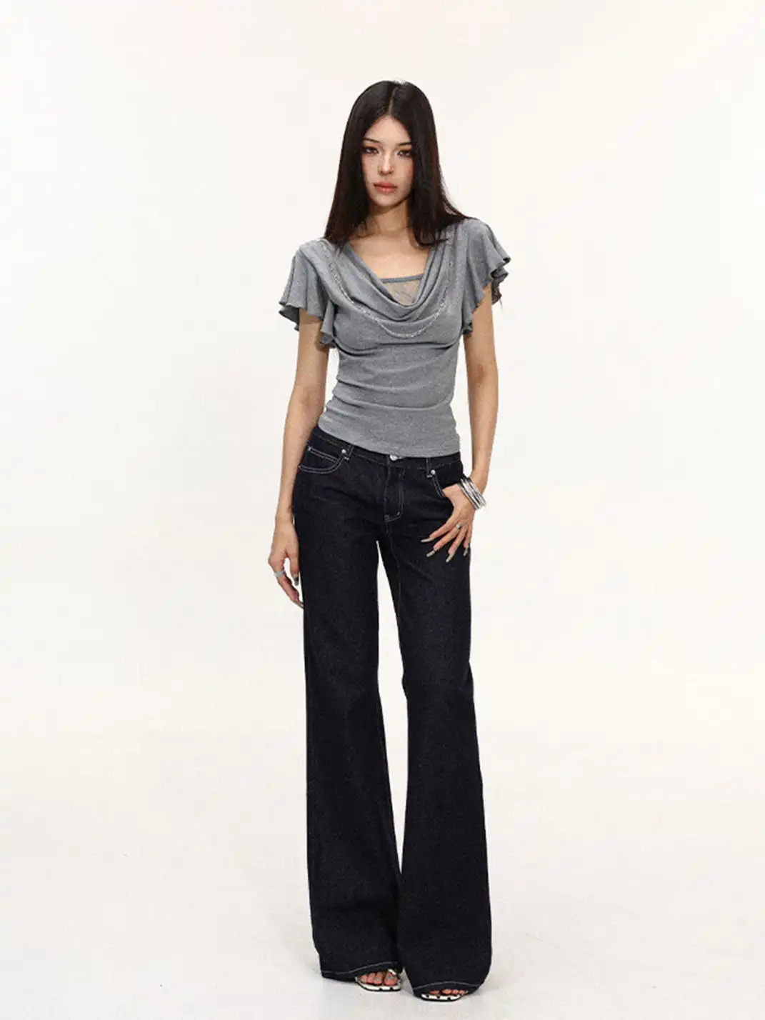 BIGGOLD | Draped Neck Lace Spliced Fake Two-Piece T-Shirt