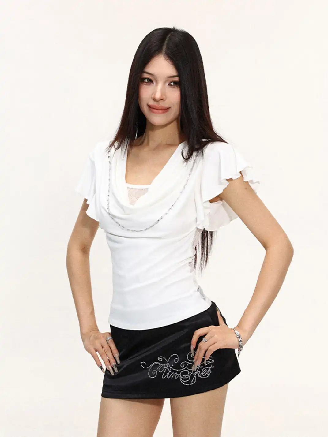 BIGGOLD | Draped Neck Lace Spliced Fake Two-Piece T-Shirt