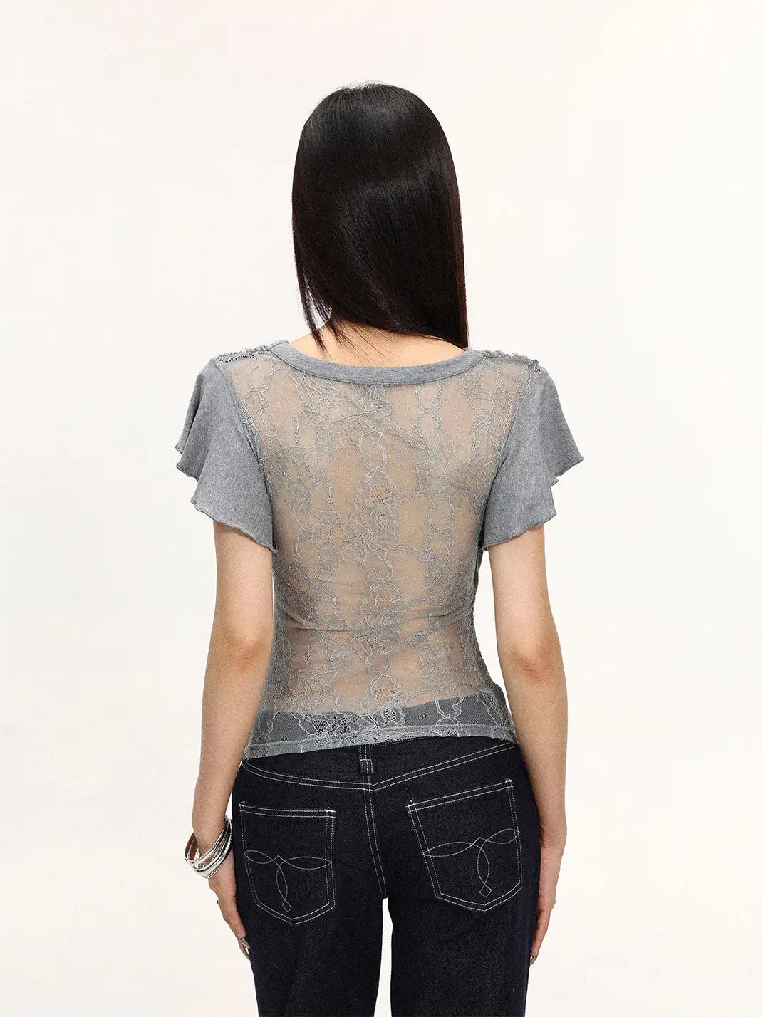 BIGGOLD | Draped Neck Lace Spliced Fake Two-Piece T-Shirt