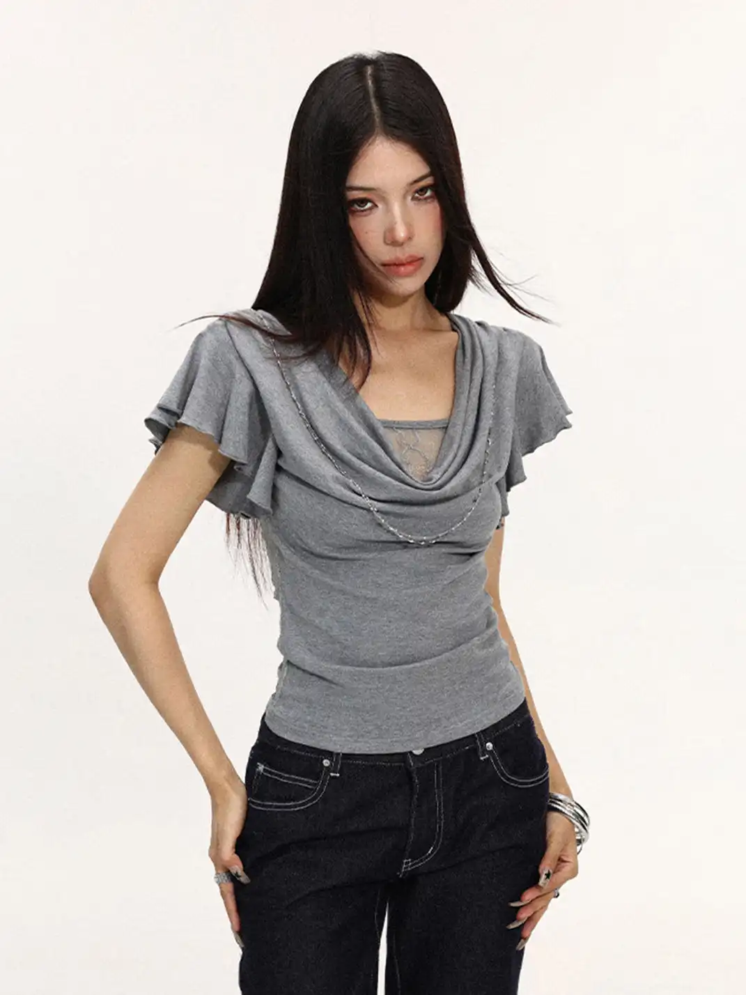 BIGGOLD | Draped Neck Lace Spliced Fake Two-Piece T-Shirt