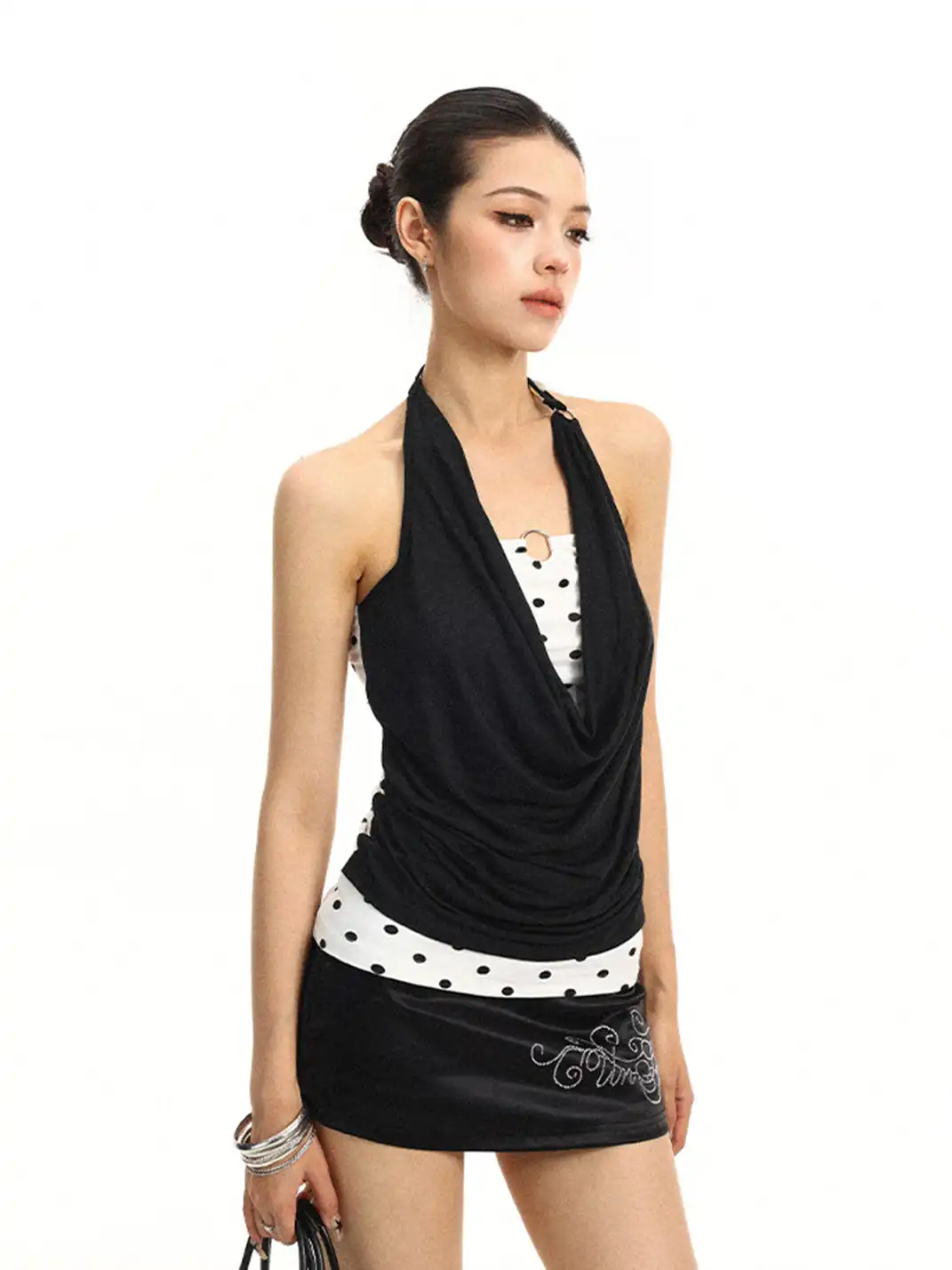 BIGGOLD | Halter Draped Neck Polka Dot Fake Two-Piece Top