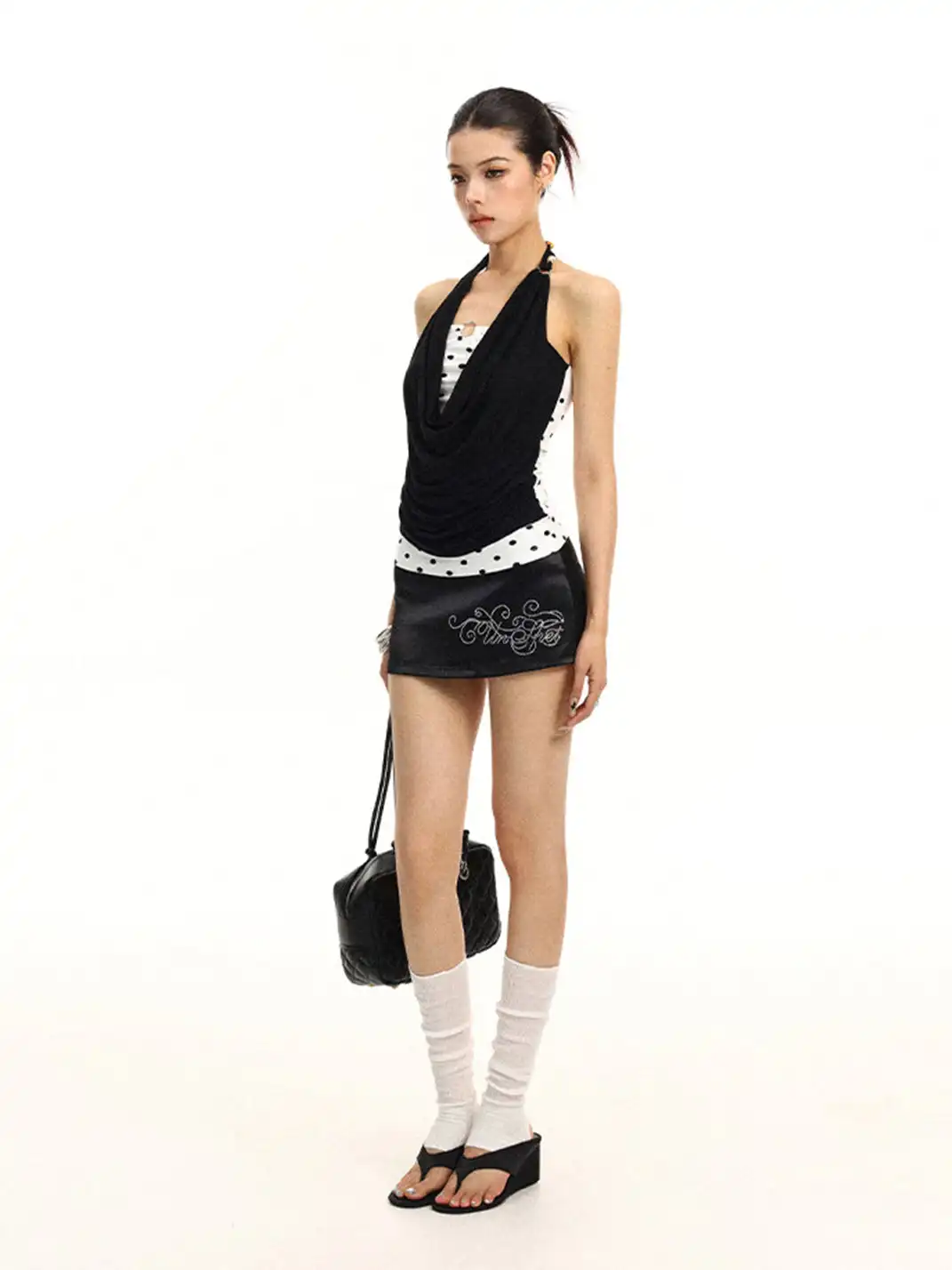 BIGGOLD | Halter Draped Neck Polka Dot Fake Two-Piece Top