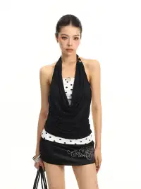 BIGGOLD | Halter Draped Neck Polka Dot Fake Two-Piece Top