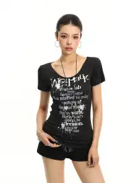 BIGGOLD | Letter Print U-Neck Short Sleeve T-Shirt