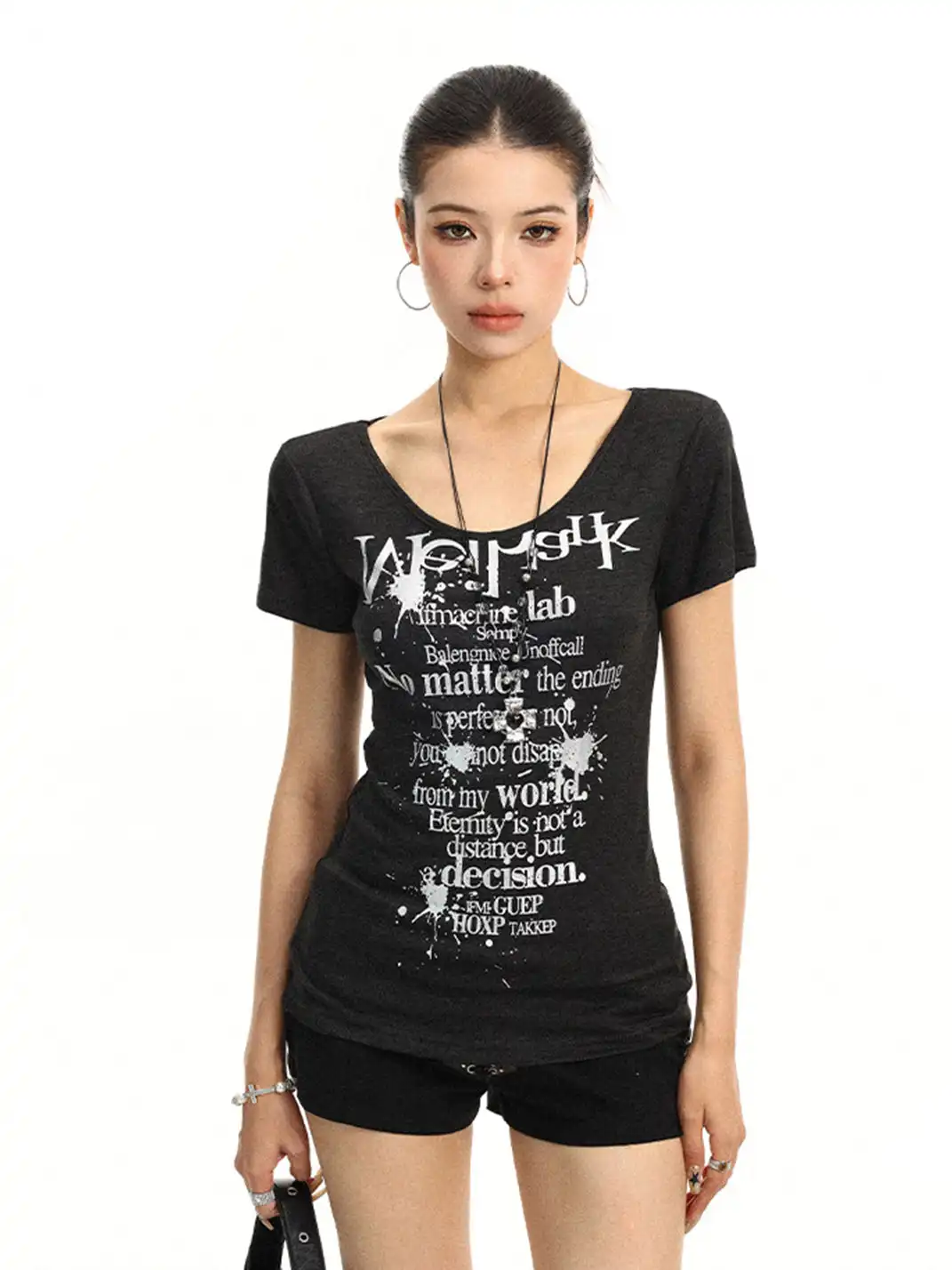 BIGGOLD | Letter Print U-Neck Short Sleeve T-Shirt