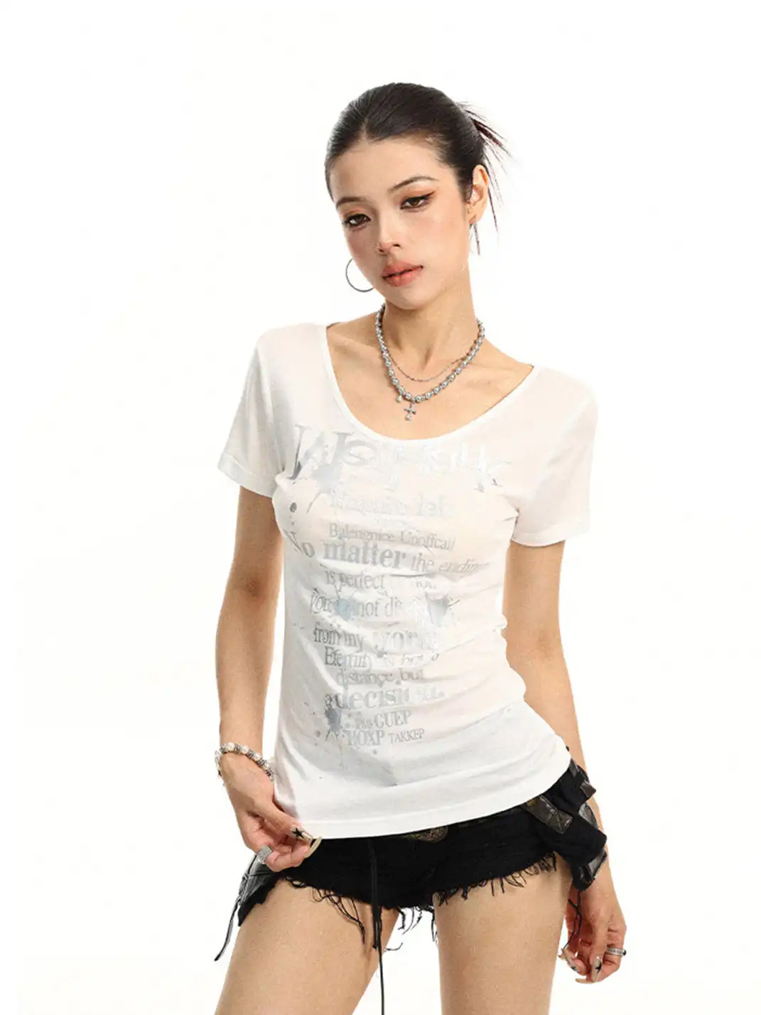 BIGGOLD | Letter Print U-Neck Short Sleeve T-Shirt