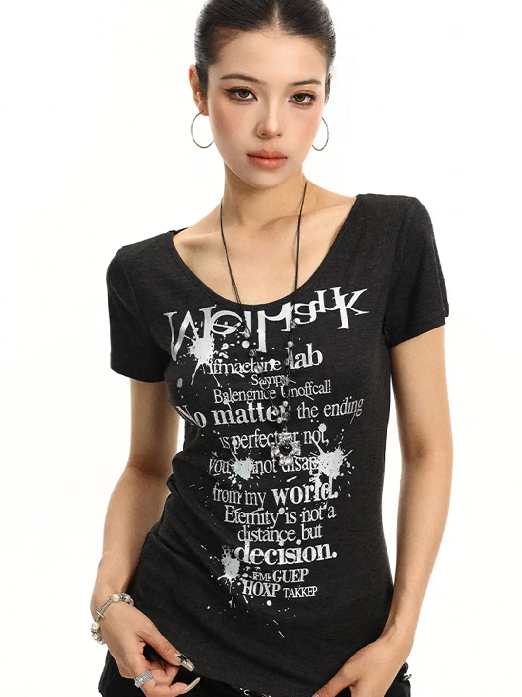 BIGGOLD | Letter Print U-Neck Short Sleeve T-Shirt