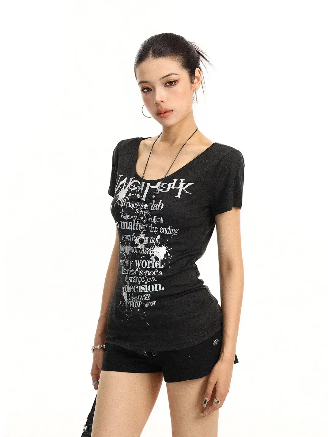 BIGGOLD | Letter Print U-Neck Short Sleeve T-Shirt