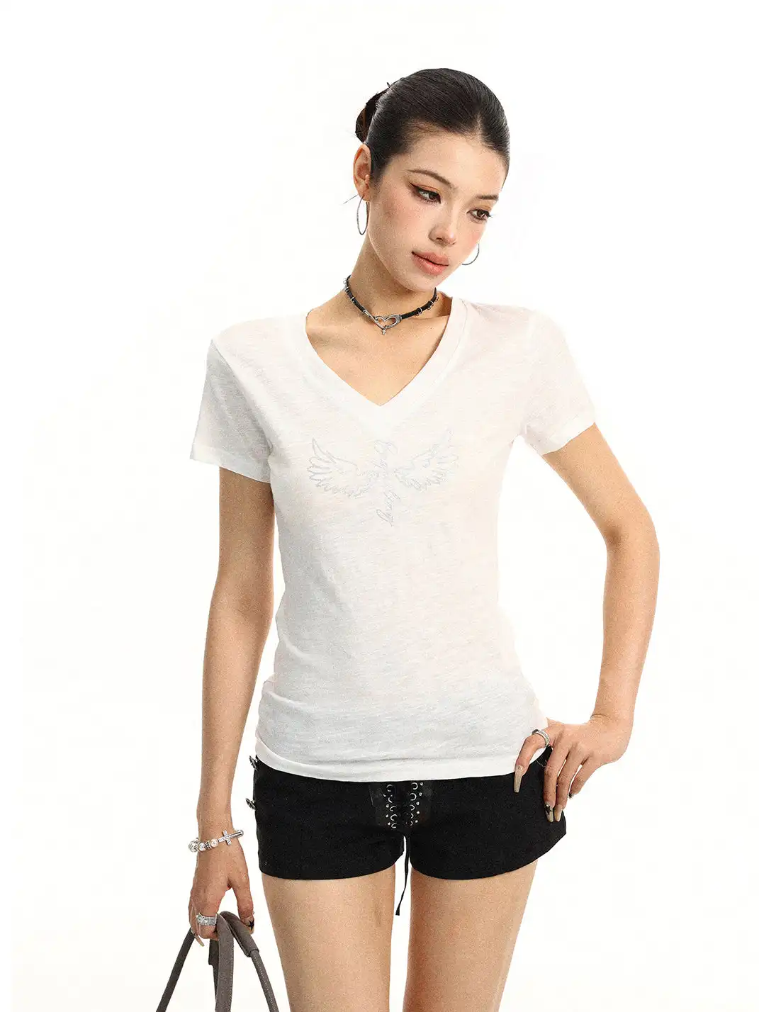 BIGGOLD | Wing Pattern V-Neck Regular Shoulder Short Sleeve T-Shirt