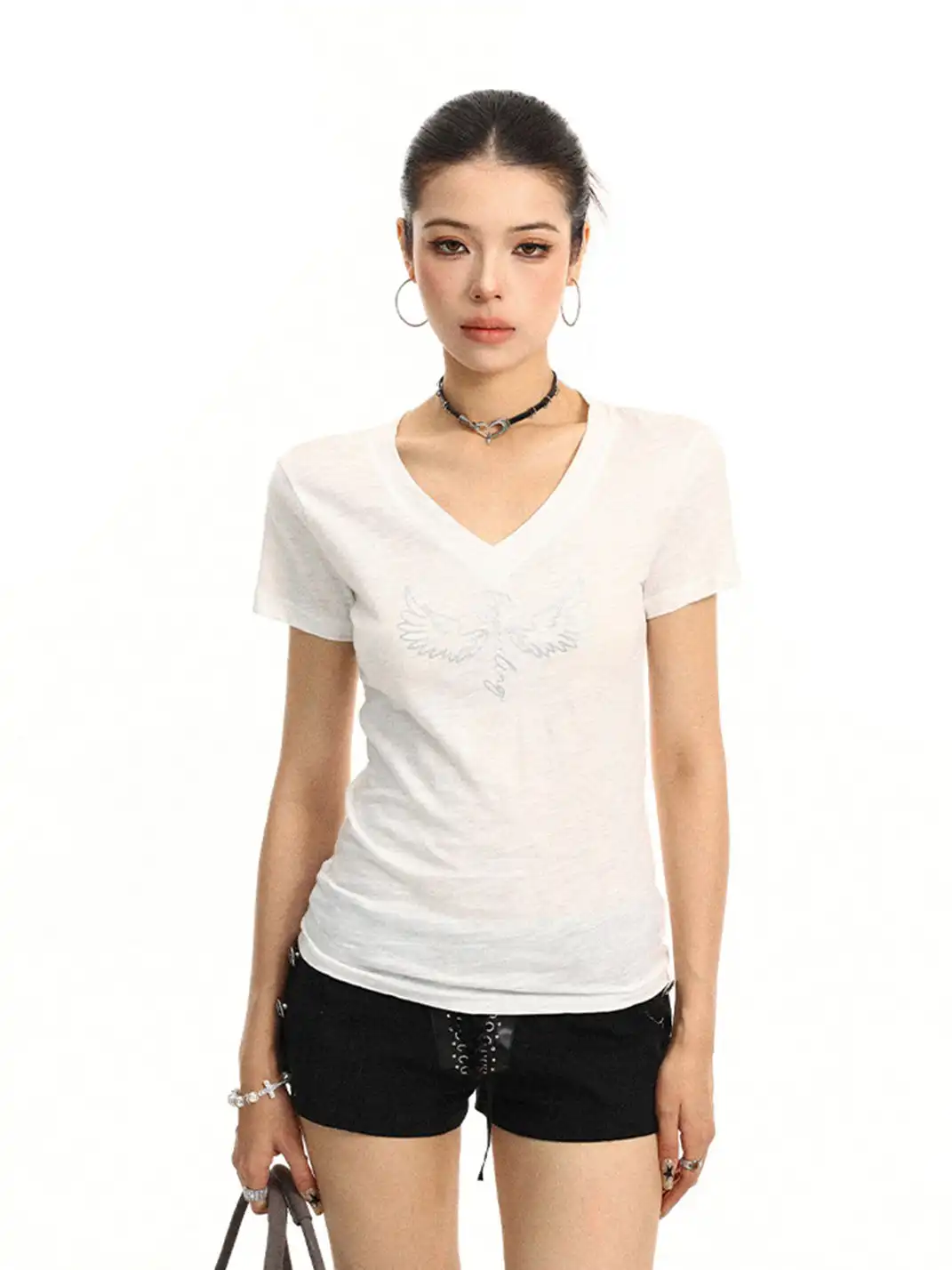 BIGGOLD | Wing Pattern V-Neck Regular Shoulder Short Sleeve T-Shirt