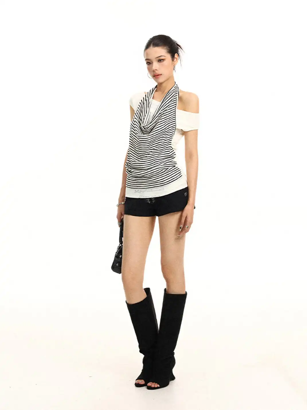 BIGGOLD | Striped Halter Fake Two-Piece Off-Shoulder T-Shirt