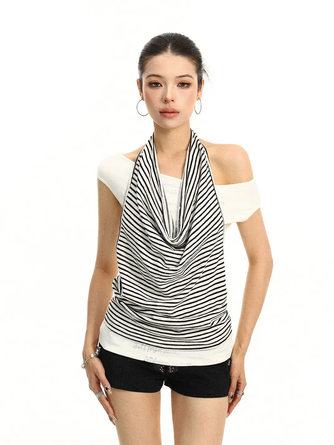 BIGGOLD | Striped Halter Fake Two-Piece Off-Shoulder T-Shirt