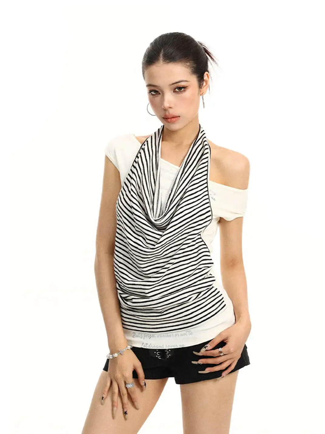 BIGGOLD | Striped Halter Fake Two-Piece Off-Shoulder T-Shirt