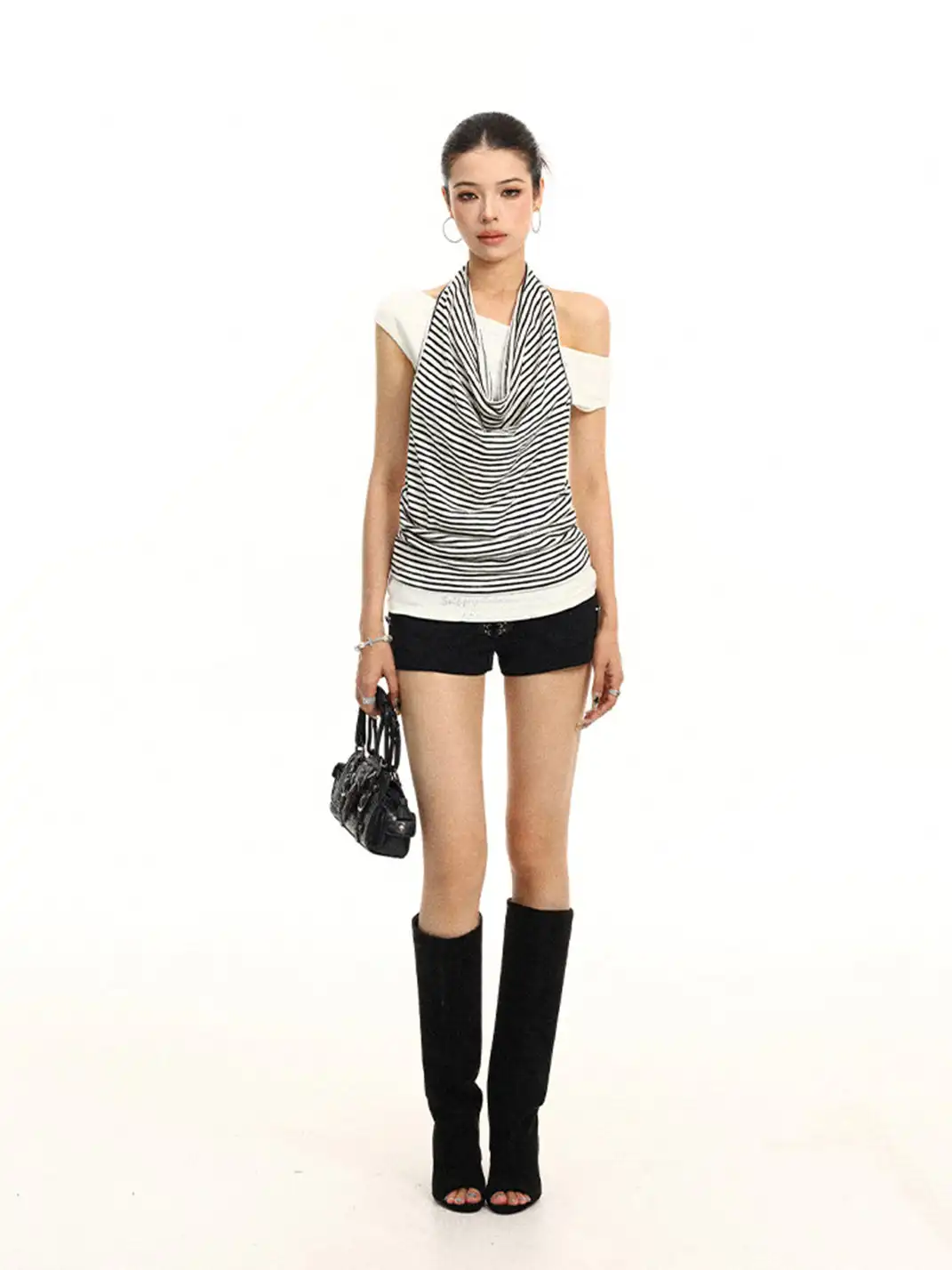 BIGGOLD | Striped Halter Fake Two-Piece Off-Shoulder T-Shirt