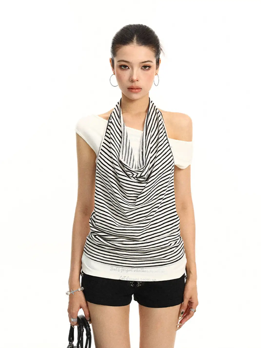 BIGGOLD | Striped Halter Fake Two-Piece Off-Shoulder T-Shirt