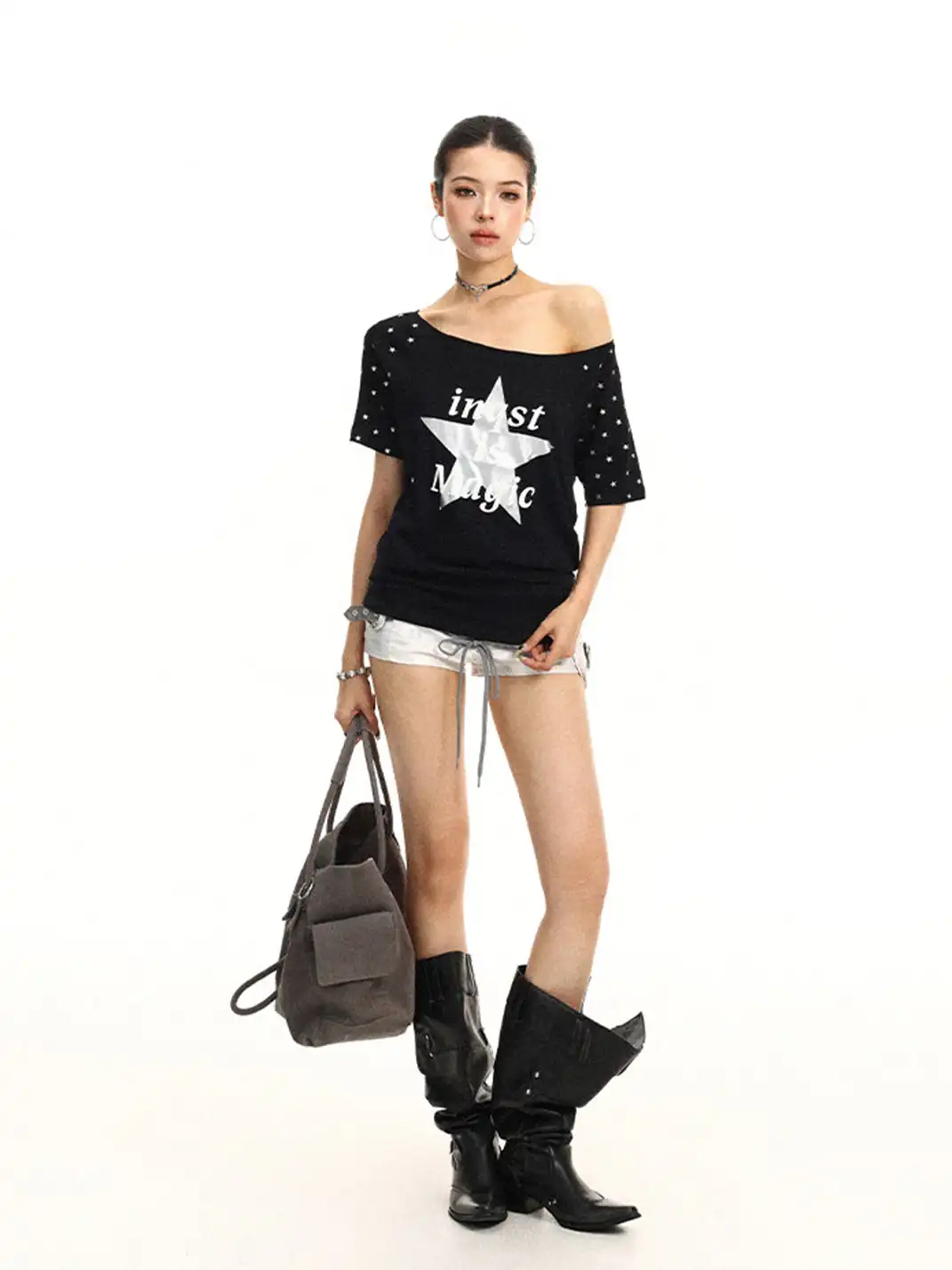 BIGGOLD | Star & Letter Print Off-Shoulder T-Shirt