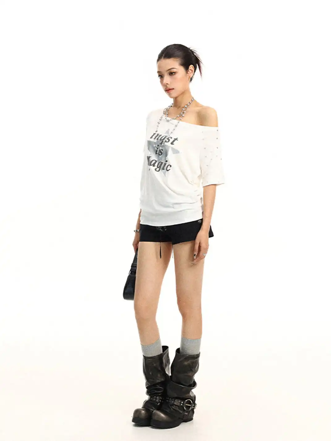 BIGGOLD | Star & Letter Print Off-Shoulder T-Shirt