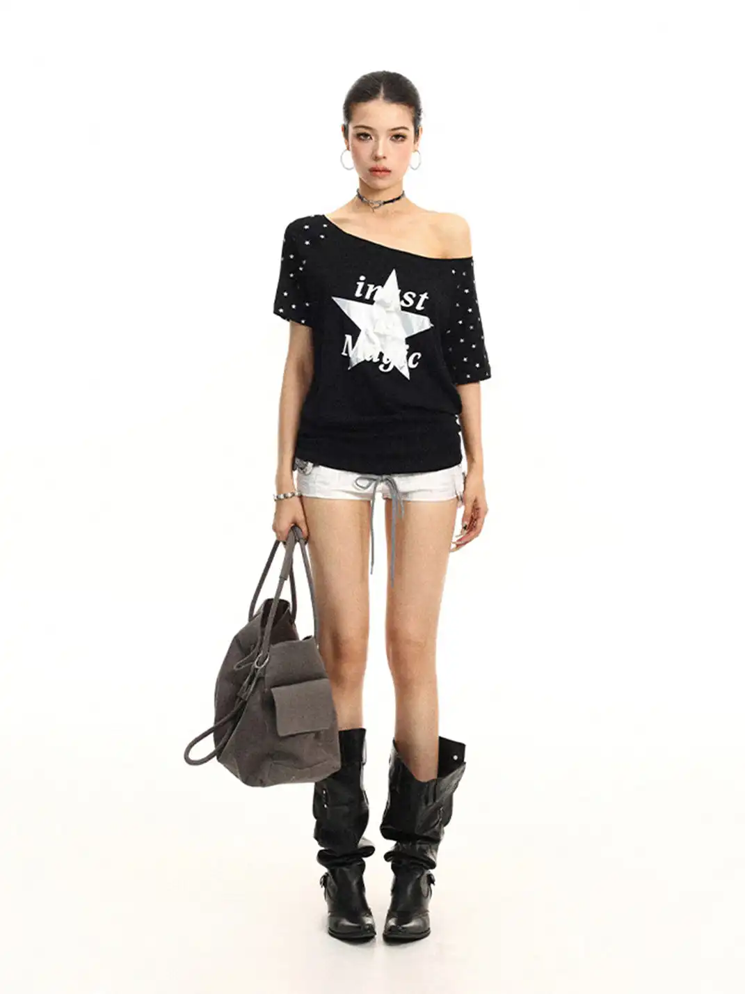 BIGGOLD | Star & Letter Print Off-Shoulder T-Shirt