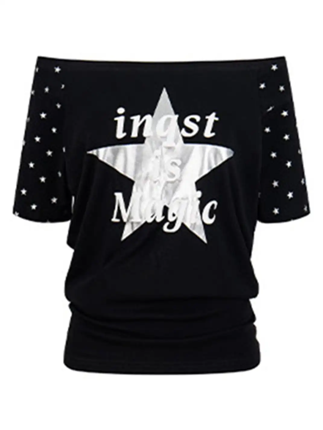 BIGGOLD | Star & Letter Print Off-Shoulder T-Shirt