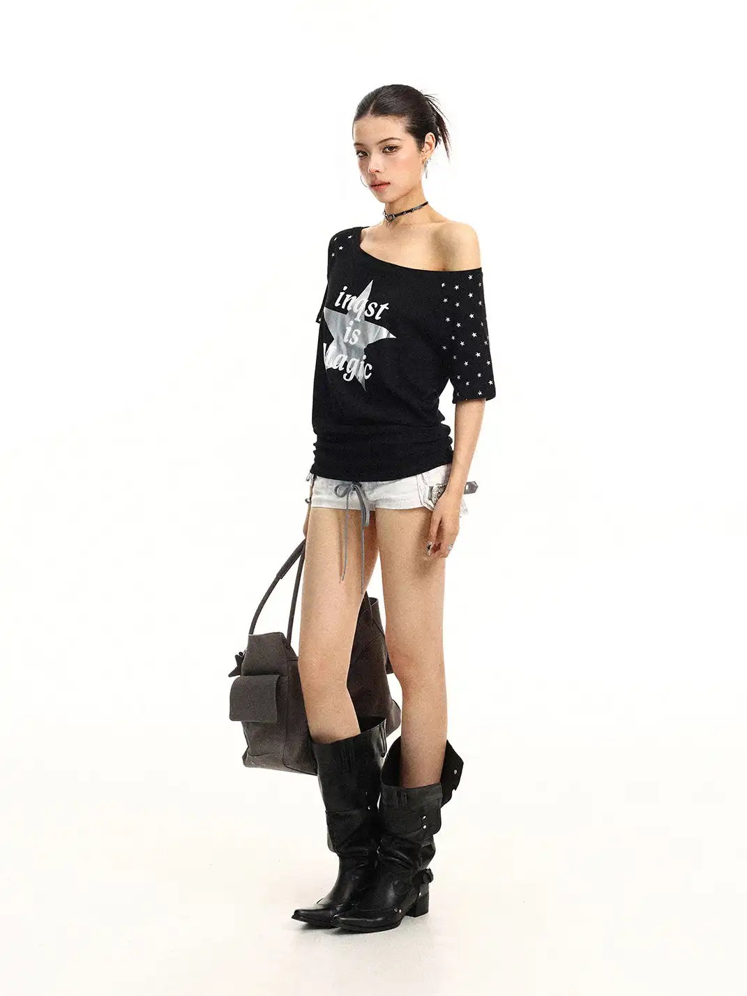 BIGGOLD | Star & Letter Print Off-Shoulder T-Shirt