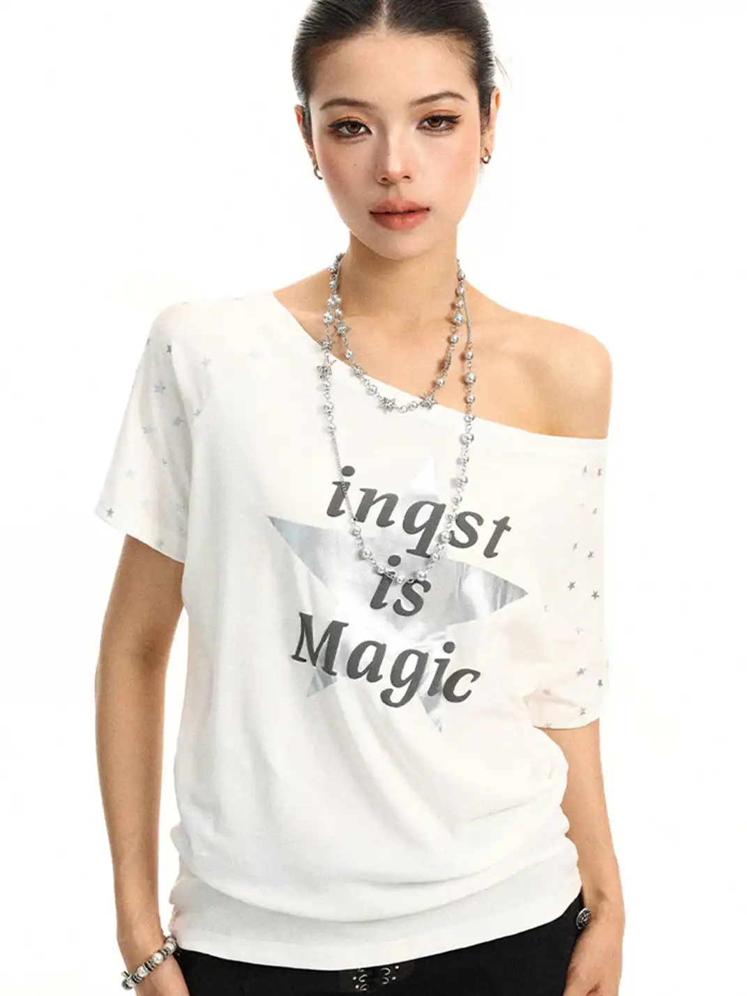 BIGGOLD | Star & Letter Print Off-Shoulder T-Shirt