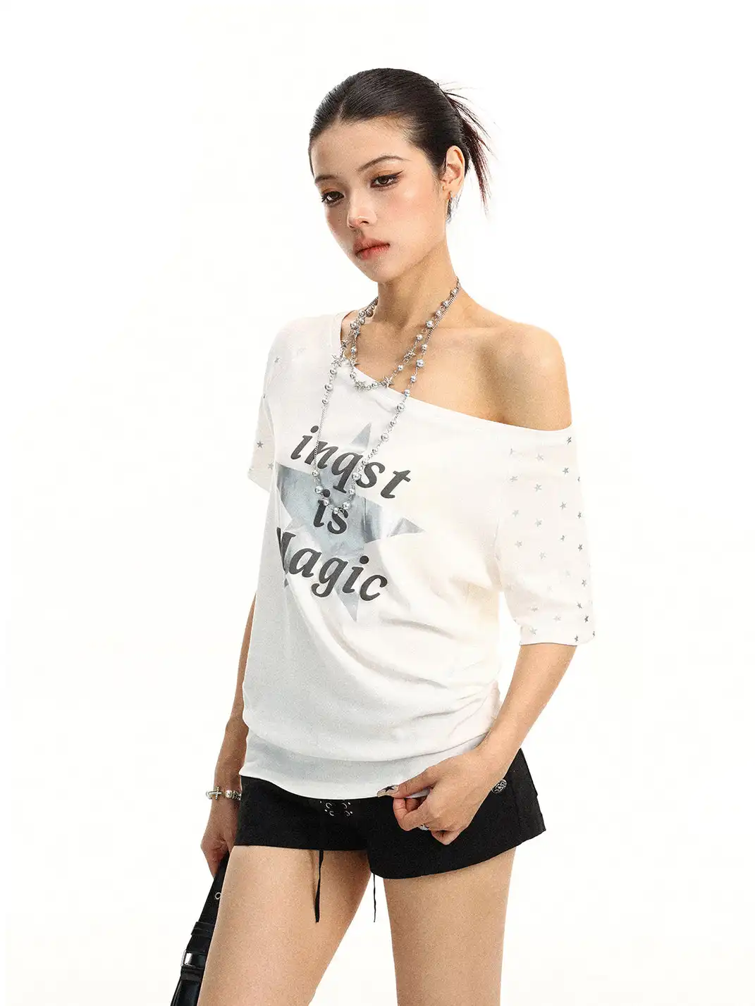 BIGGOLD | Star & Letter Print Off-Shoulder T-Shirt