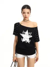 BIGGOLD | Star & Letter Print Off-Shoulder T-Shirt