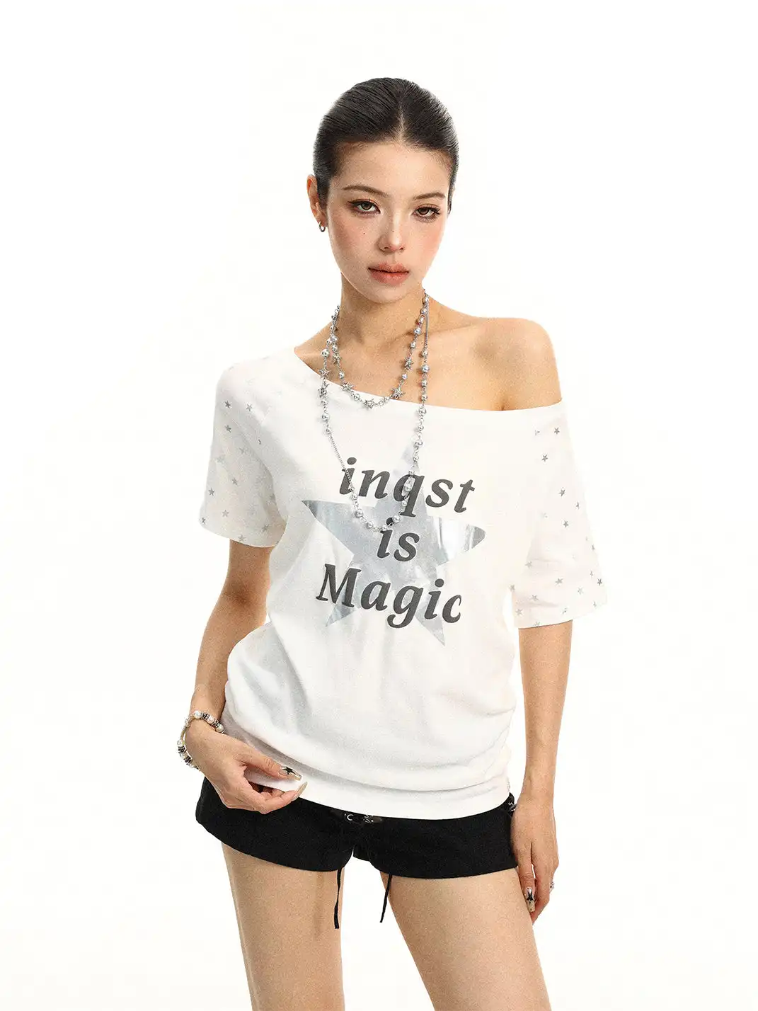 BIGGOLD | Star & Letter Print Off-Shoulder T-Shirt
