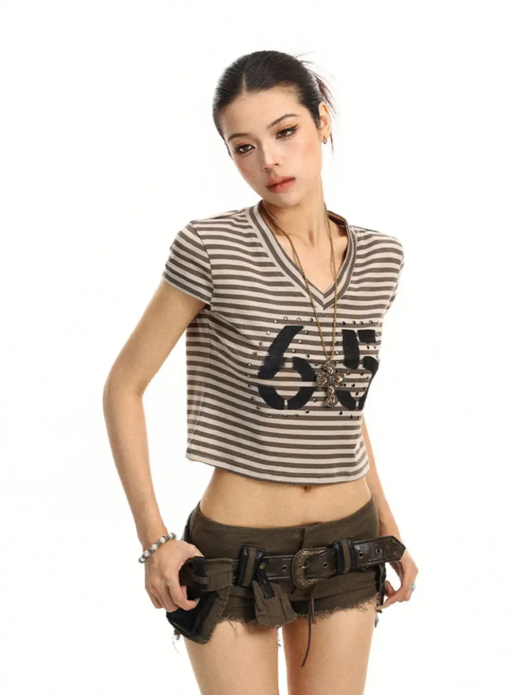 BIGGOLD | Striped V-Neck Rivet Regular Shoulder T-Shirt