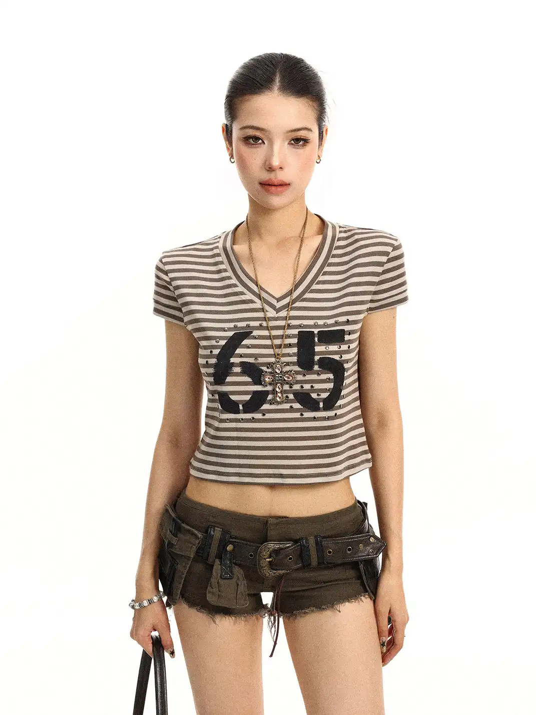 BIGGOLD | Striped V-Neck Rivet Regular Shoulder T-Shirt