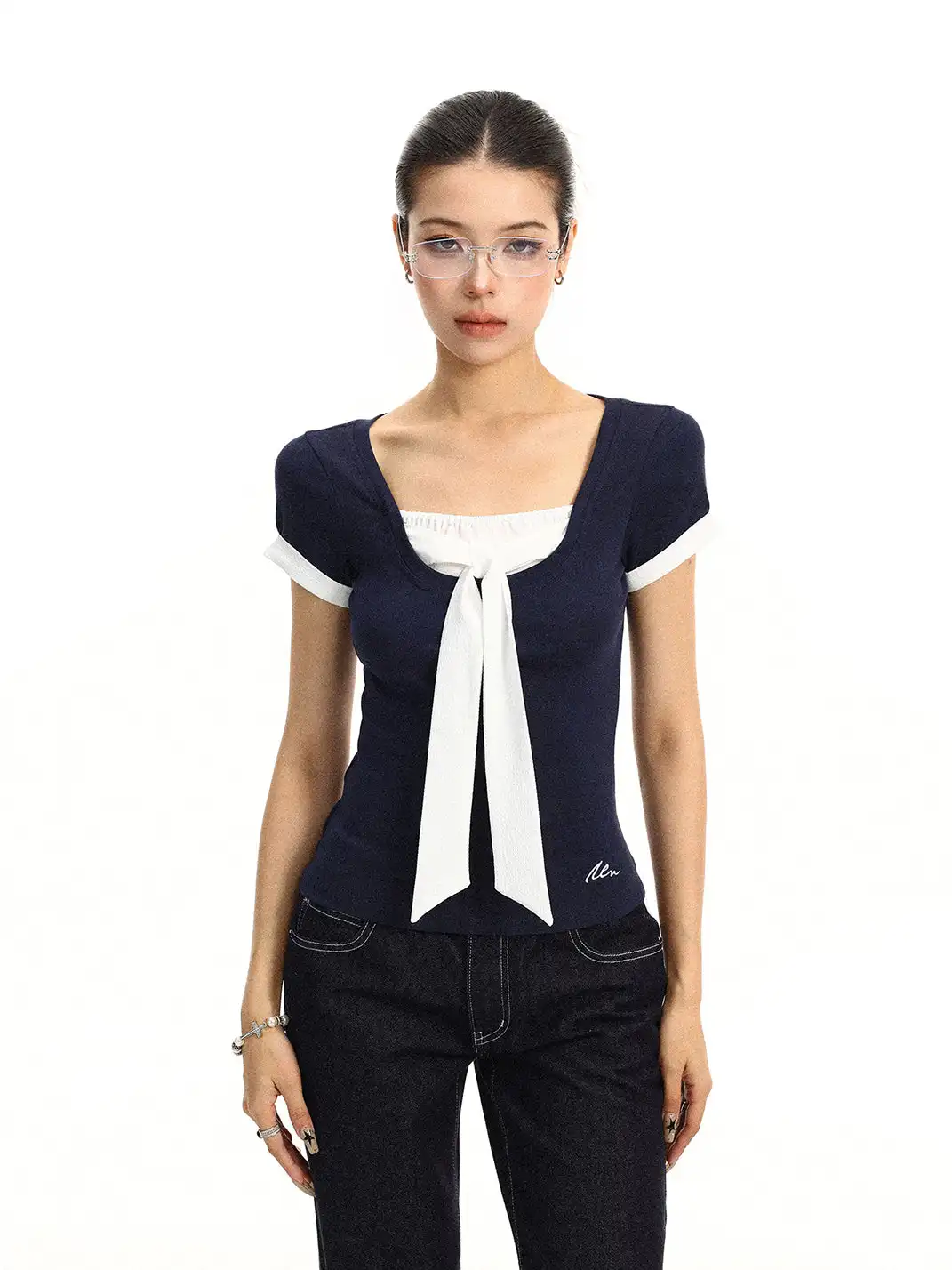 BIGGOLD | Bow Fake Two-Piece Regular Shoulder T-Shirt