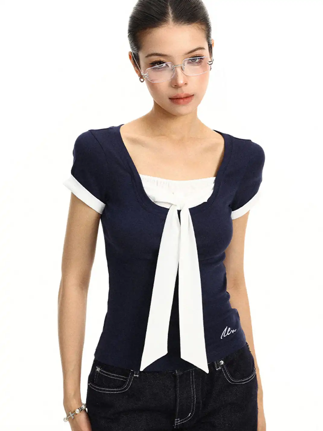 BIGGOLD | Bow Fake Two-Piece Regular Shoulder T-Shirt