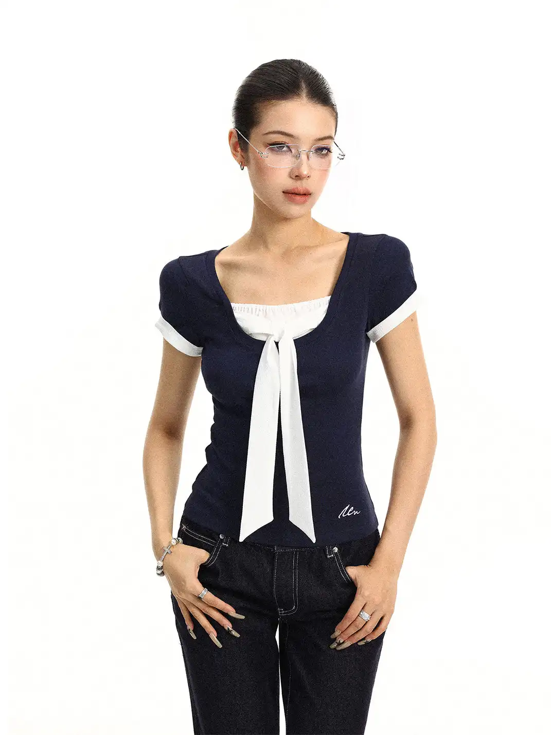 BIGGOLD | Bow Fake Two-Piece Regular Shoulder T-Shirt