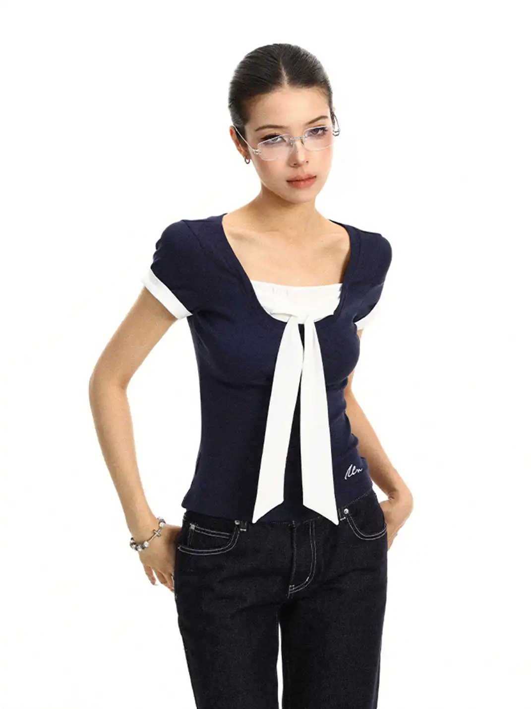 BIGGOLD | Bow Fake Two-Piece Regular Shoulder T-Shirt