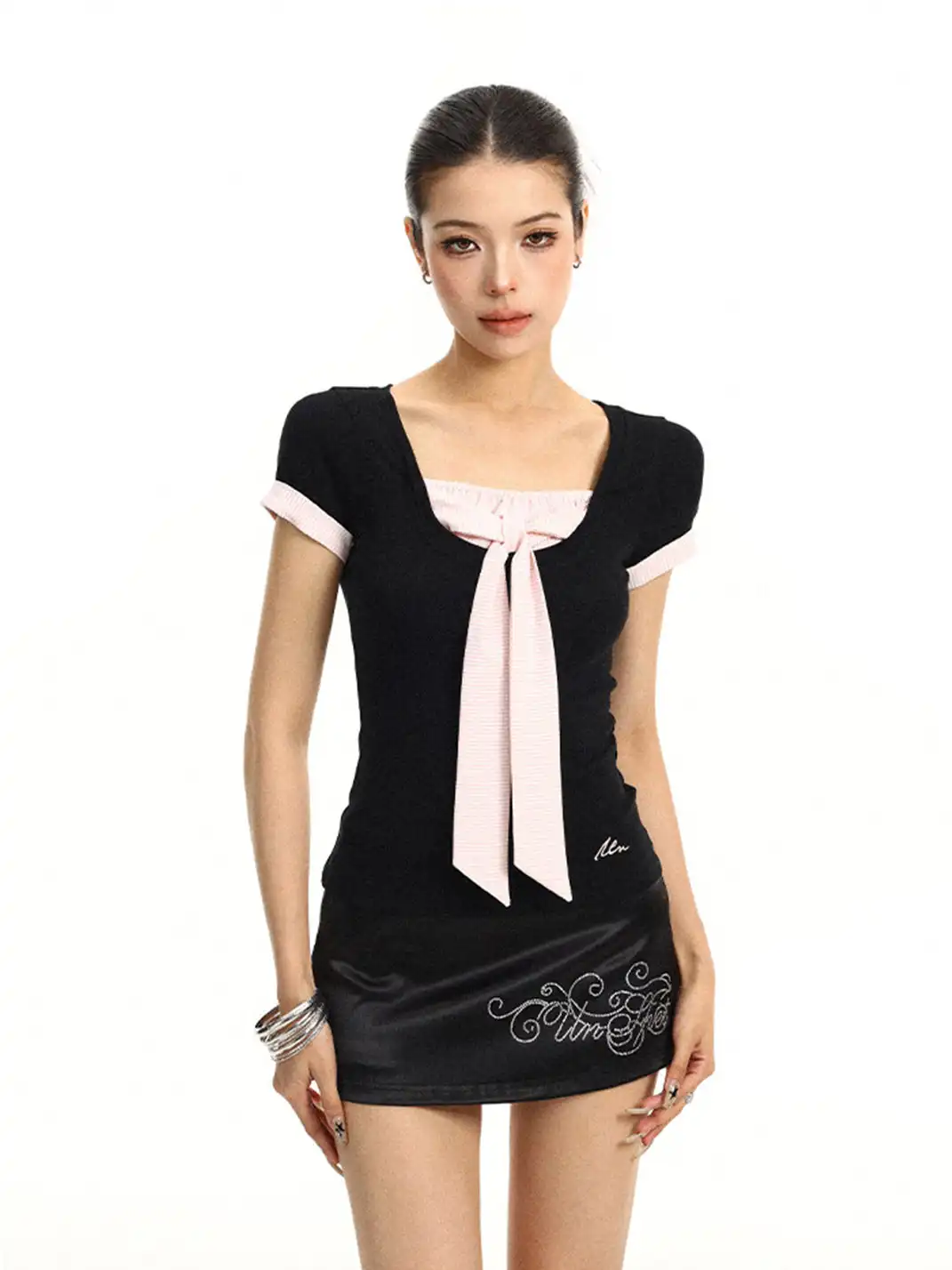 BIGGOLD | Bow Fake Two-Piece Regular Shoulder T-Shirt