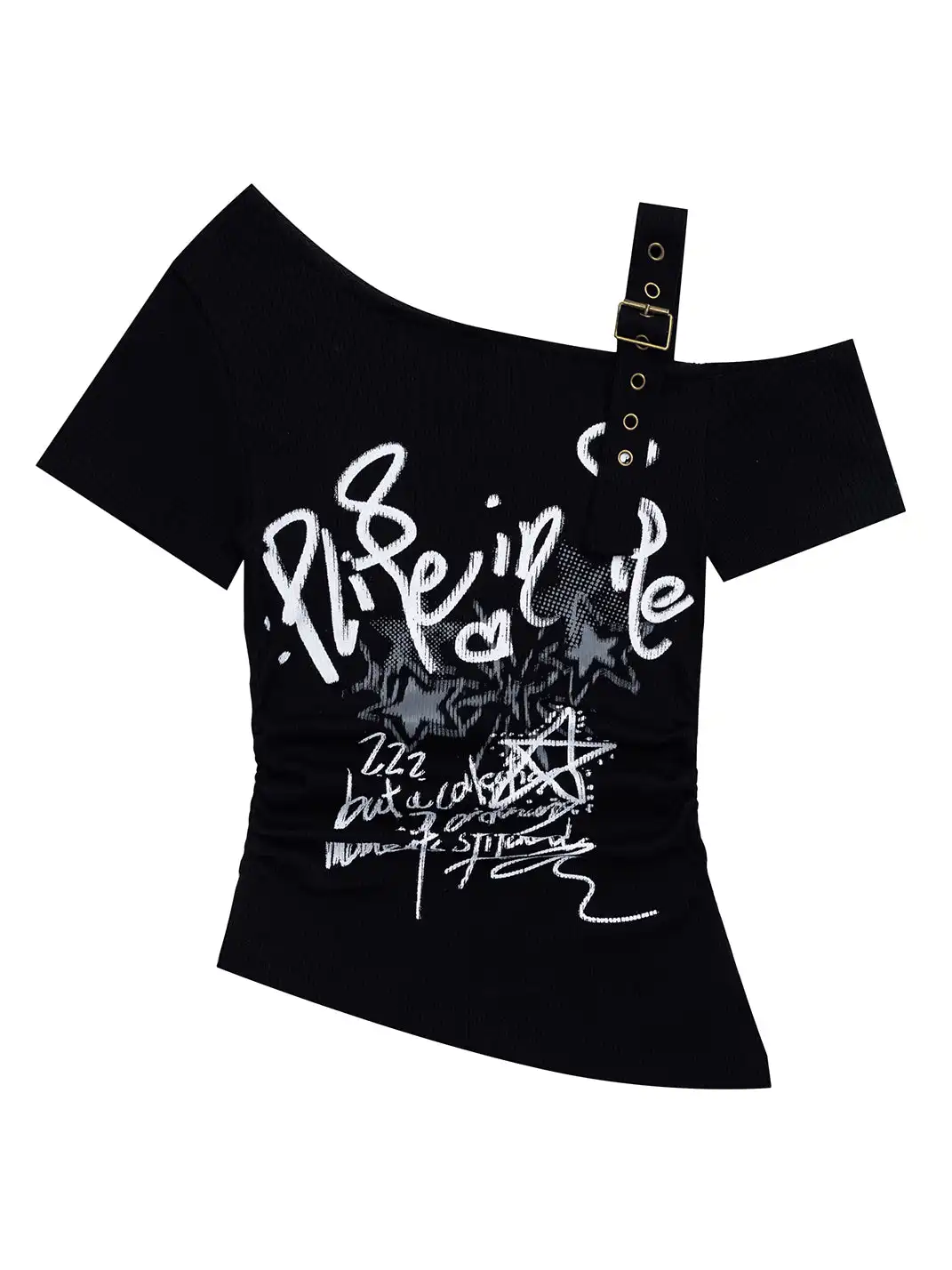 BIGGOLD | Adjustable Strap Graffiti Print Off-Shoulder T-Shirt