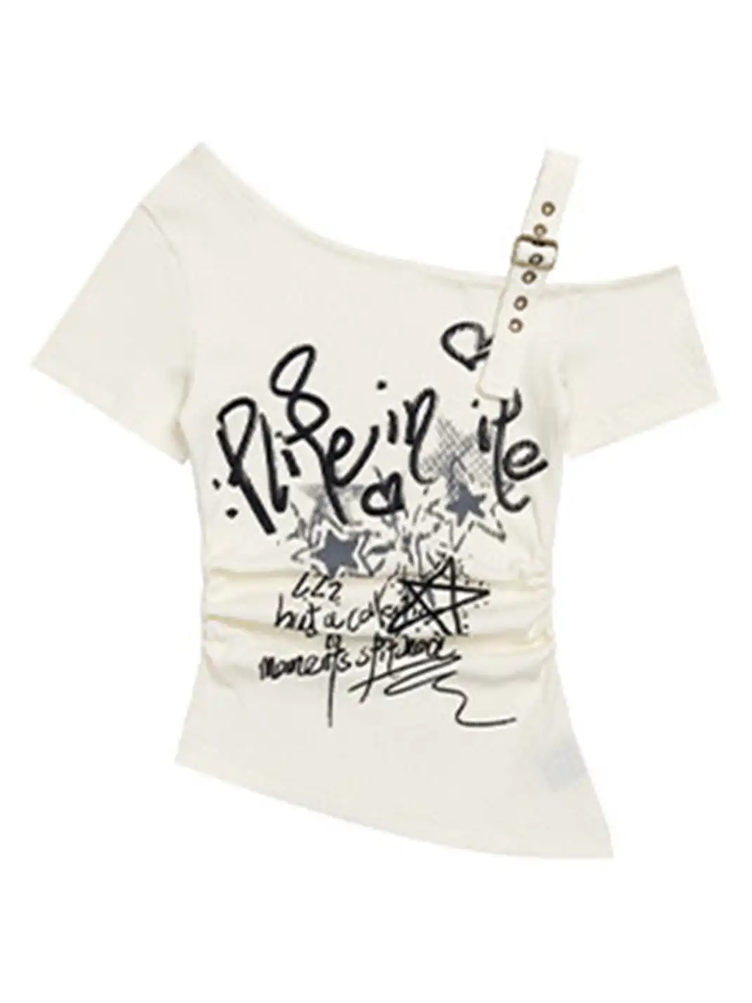 BIGGOLD | Adjustable Strap Graffiti Print Off-Shoulder T-Shirt