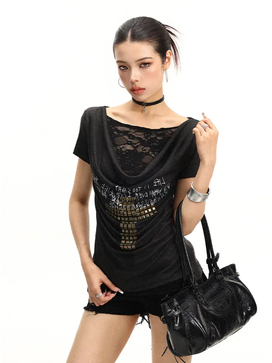 BIGGOLD | Lace Spliced Two-Piece Look Cowl Neck T-Shirt