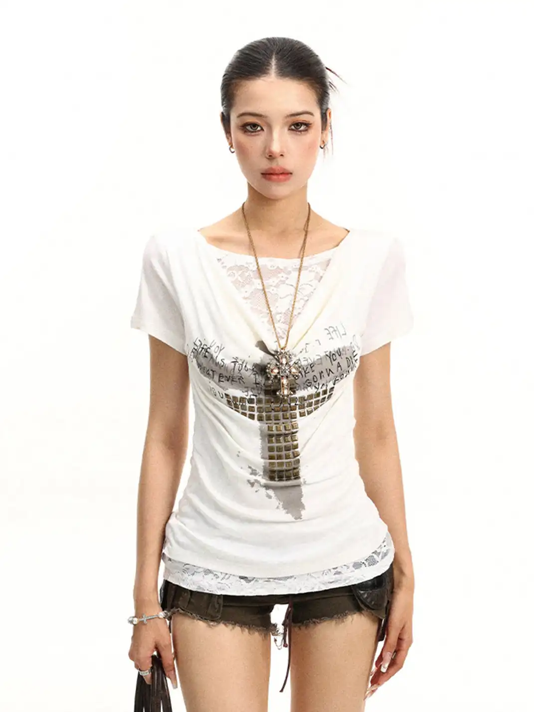 BIGGOLD | Lace Spliced Two-Piece Look Cowl Neck T-Shirt
