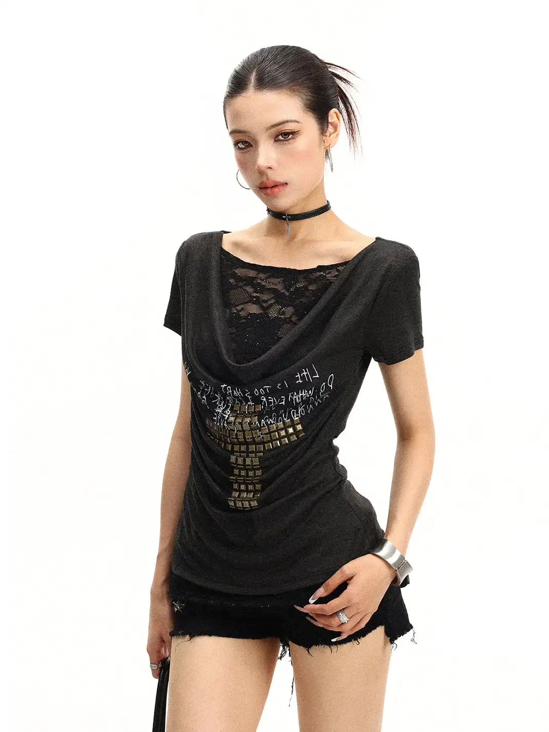 BIGGOLD | Lace Spliced Two-Piece Look Cowl Neck T-Shirt