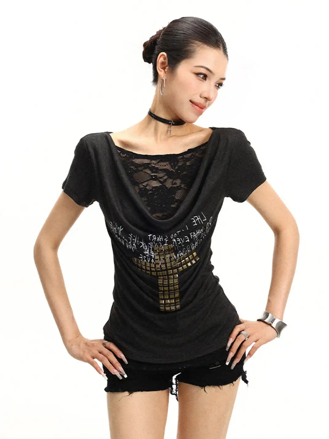 BIGGOLD | Lace Spliced Two-Piece Look Cowl Neck T-Shirt