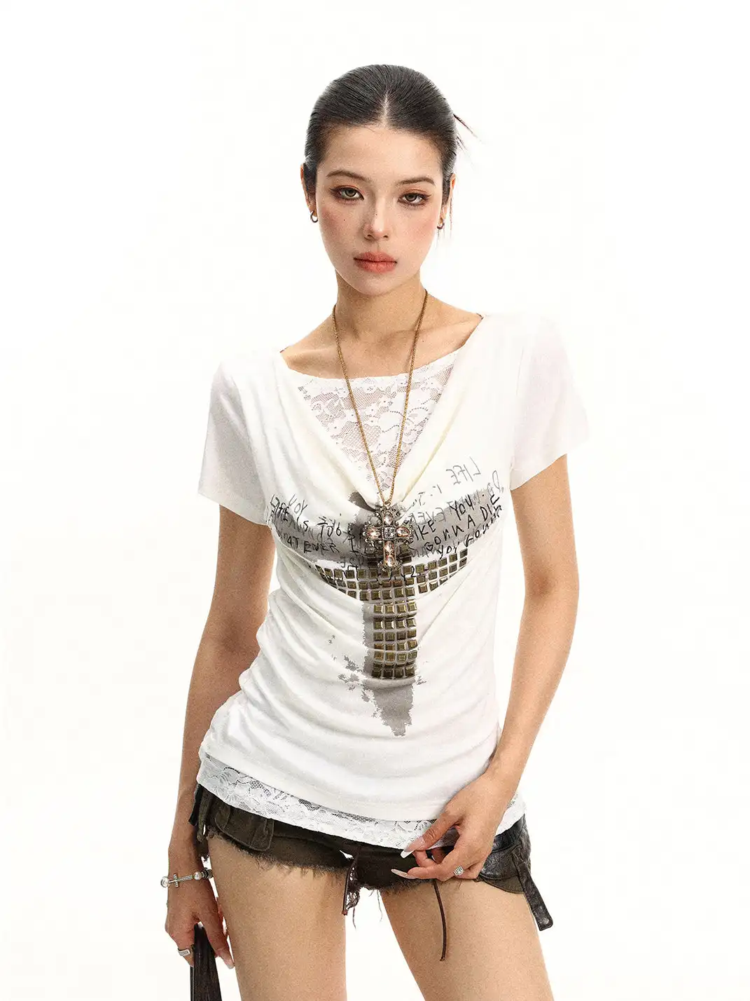 BIGGOLD | Lace Spliced Two-Piece Look Cowl Neck T-Shirt