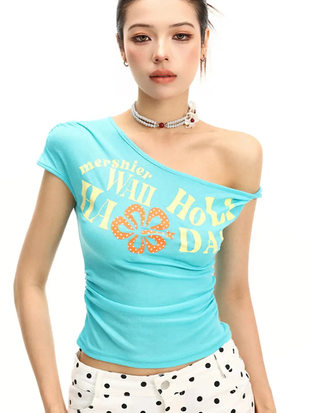 BIGGOLD | Floral & Letter Print Asymmetrical Neck T-Shirt