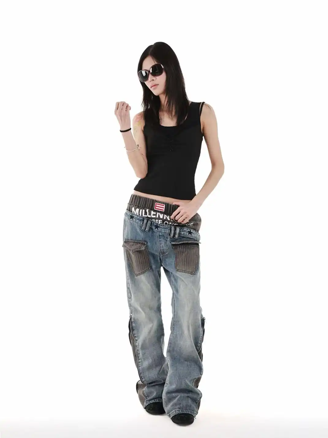 DETW | Double Waist Diagonal Spliced Striped Print Jeans