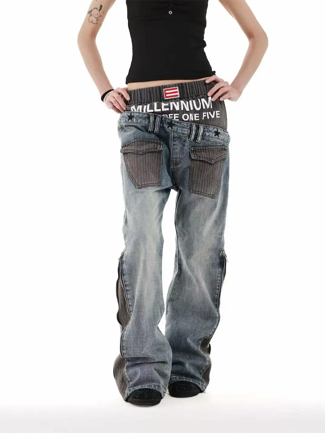 DETW | Double Waist Diagonal Spliced Striped Print Jeans