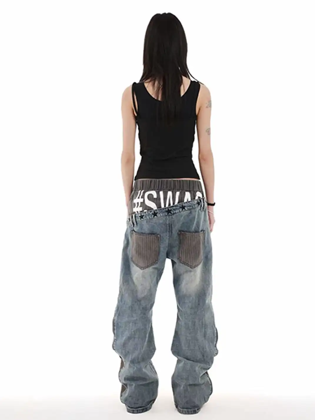DETW | Double Waist Diagonal Spliced Striped Print Jeans