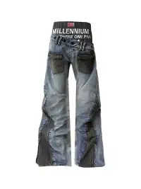 DETW | Double Waist Diagonal Spliced Striped Print Jeans