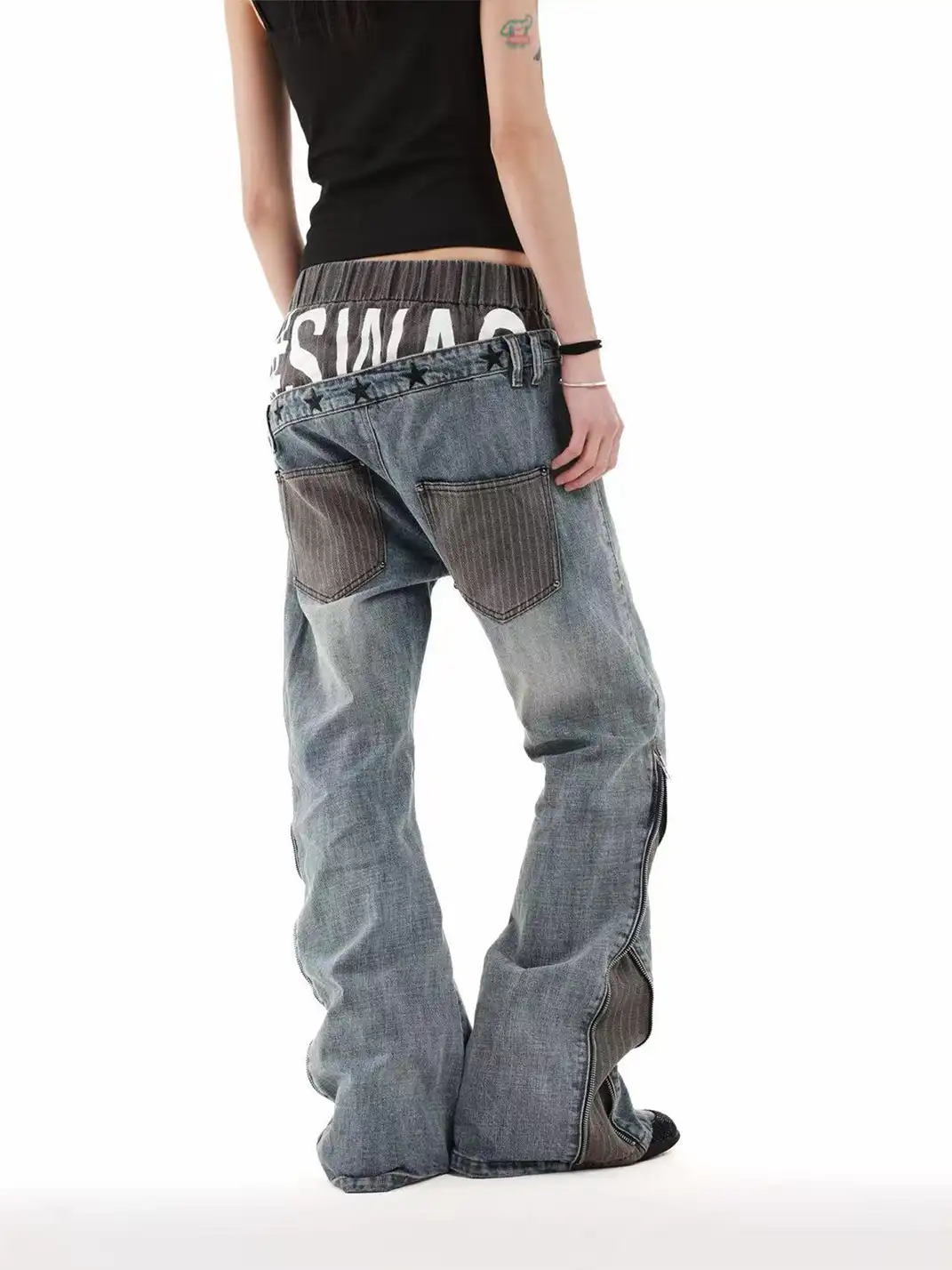 DETW | Double Waist Diagonal Spliced Striped Print Jeans