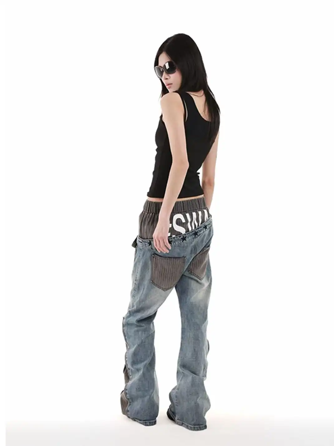DETW | Double Waist Diagonal Spliced Striped Print Jeans